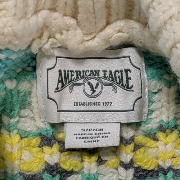 American Eagle Oversized Fair Isle Mock Neck Sweater Green Cream Floral Women S - Picture 11 of 16